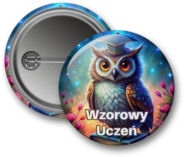 Przypinka 'Wzorowy Uczeń' z grafiką sowy w czapce absolwenta siedzącej na książce.
