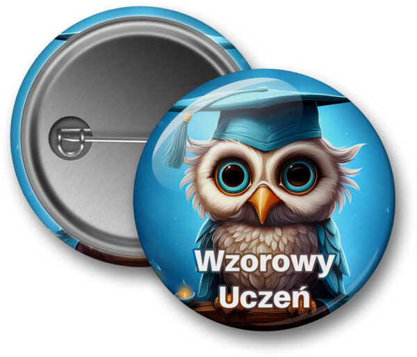 przypinka Wzorowy Uczeń, pin Wzorowy Uczeń, button Wzorowy Uczeń, nagroda dla ucznia, prezent dla ucznia, upominek szkolny, sowa, sowa absolwent, przypinka szkolna, motywacja dzieci, wyróżnienie ucznia, zakończenie roku, gadżet dla ucznia, akcesoria szkolne, sklep z nagrodami