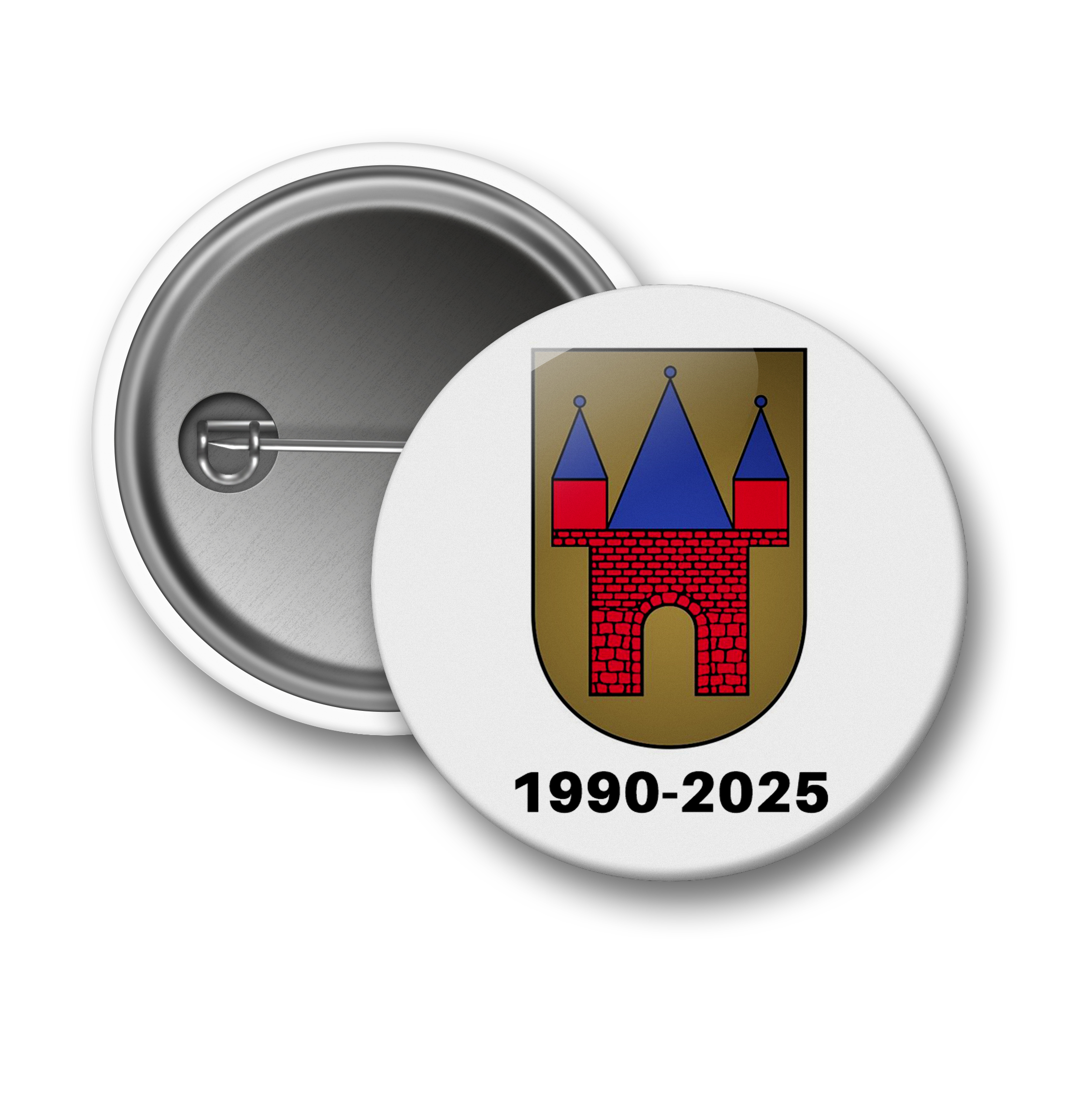 Przypinka 56mm z herbem Jarocina i datami 1990-2025 wykonana dla Spichlerza Polskiego Rocka.