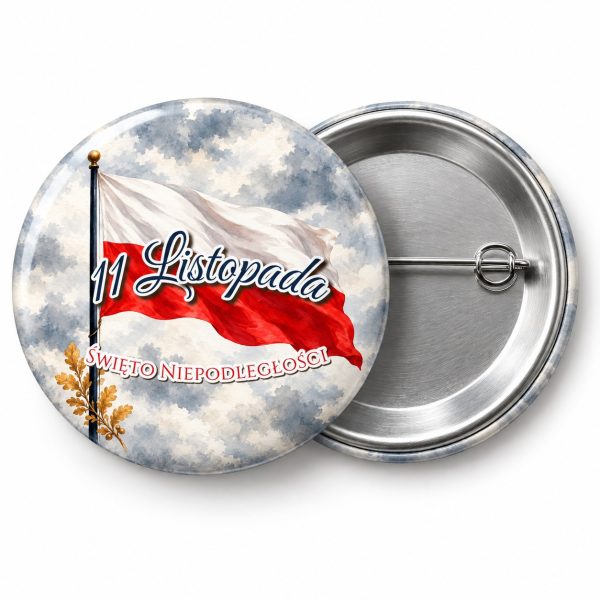 Przypinka 11 Listopada Flaga na Maszcie: przypinka na 11 Listopada z napisem 11 Listopada oraz polem napis dolny (np. Święto Niepodległości) – przód i aluminiowy tył z agrafką