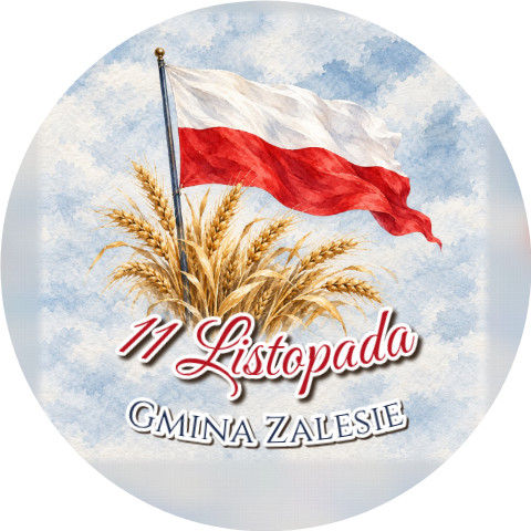 Wzór: Przypinka 11 Listopada Flaga nad Polami – napis 11 Listopada i pole gmina na biało-czerwonej grafice
