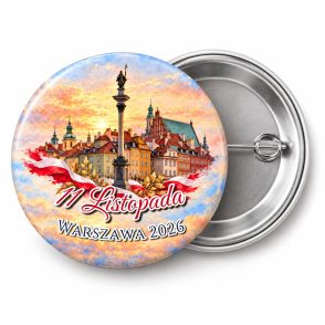Przypinka 11 Listopada Kolumna Zygmunta: przypinka na 11 Listopada z napisem 11 Listopada oraz polem miejscowość (np. Warszawa 2026) – przód i aluminiowy tył z agrafką