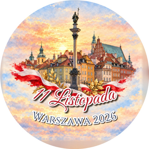 Wzór: Przypinka 11 Listopada Kolumna Zygmunta – napis 11 Listopada i pole miejscowość na biało-czerwonej grafice