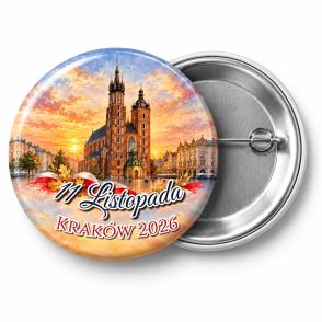 Przypinka 11 Listopada Kościół Mariacki: przypinka na 11 Listopada z napisem 11 Listopada oraz polem miejscowość (np. Kraków 2026) – przód i aluminiowy tył z agrafką