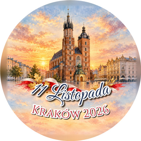 Wzór: Przypinka 11 Listopada Kościół Mariacki – napis 11 Listopada i pole miejscowość na biało-czerwonej grafice