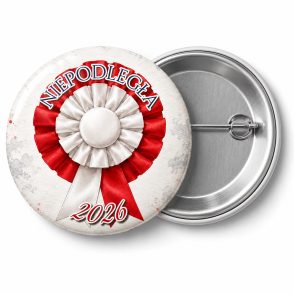 Przypinka 11 Listopada Kotylion: przypinka na 11 Listopada z napisem NIEPODLEGŁA oraz polem rok (np. 2026) – przód i aluminiowy tył z agrafką