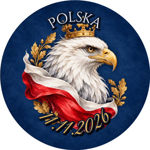 Wzór: Przypinka 11 Listopada Orzeł na Granacie – napis POLSKA i pole data na biało-czerwonej grafice