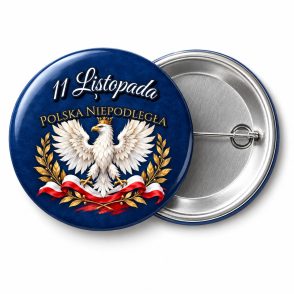 Przypinka 11 Listopada Orzeł w Złotych Laurach: przypinka na 11 Listopada z napisem 11 Listopada oraz polem napis dolny (np. Polska Niepodległa) – przód i aluminiowy tył z agrafką