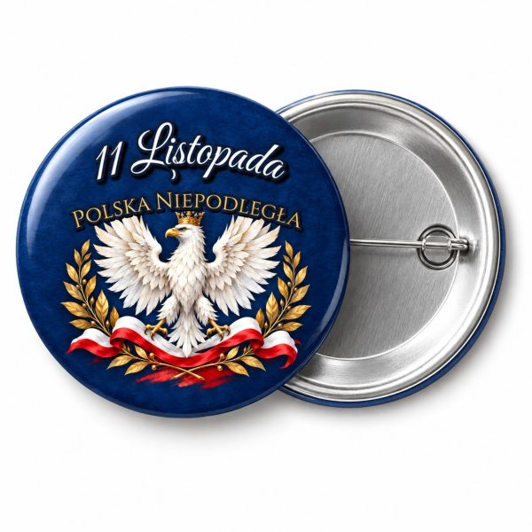 Przypinka 11 Listopada Orzeł w Złotych Laurach: przypinka na 11 Listopada z napisem 11 Listopada oraz polem napis dolny (np. Polska Niepodległa) – przód i aluminiowy tył z agrafką