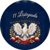 Wzór: Przypinka 11 Listopada Orzeł w Złotych Laurach – napis 11 Listopada i pole napis dolny na biało-czerwonej grafice