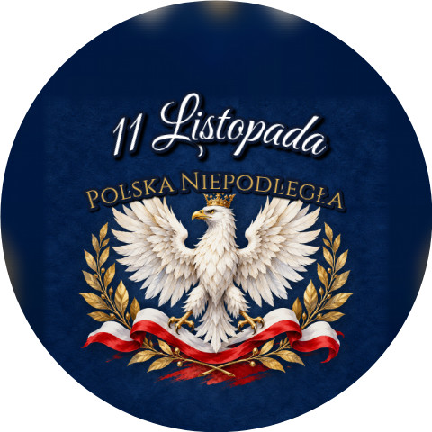 Wzór: Przypinka 11 Listopada Orzeł w Złotych Laurach – napis 11 Listopada i pole napis dolny na biało-czerwonej grafice