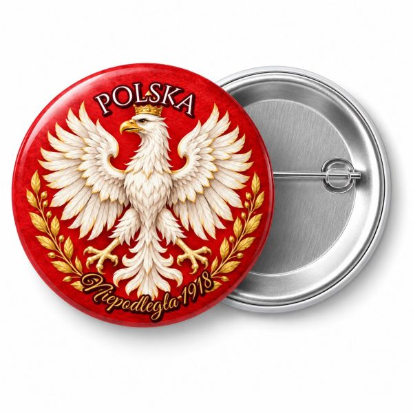 Przypinka 11 Listopada Orzeł z Koroną: przypinka na 11 Listopada z napisem POLSKA oraz polem napis dolny (np. Niepodległa 1918) – przód i aluminiowy tył z agrafką