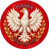 Wzór: Przypinka 11 Listopada Orzeł z Koroną – napis POLSKA i pole napis dolny na biało-czerwonej grafice
