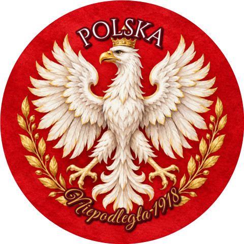 Wzór: Przypinka 11 Listopada Orzeł z Koroną – napis POLSKA i pole napis dolny na biało-czerwonej grafice