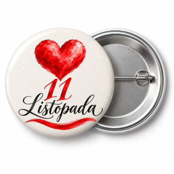 Przypinka 11 Listopada Serce z Pędzla: przypinka na 11 Listopada z napisem 11 Listopada – przód i aluminiowy tył z agrafką