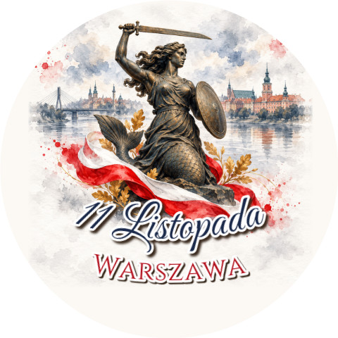 Wzór: Przypinka 11 Listopada Syrenka Warszawska – napis 11 Listopada i pole miejscowość na biało-czerwonej grafice