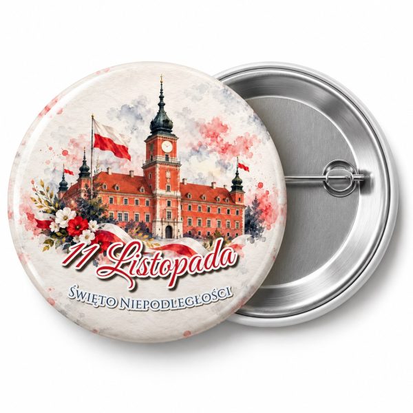 Przypinka 11 Listopada Zamek Królewski: przypinka na 11 Listopada z napisem 11 Listopada oraz polem napis dolny (np. Święto Niepodległości) – przód i aluminiowy tył z agrafką