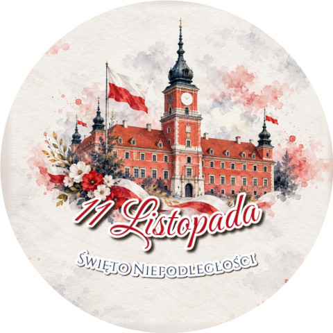 Wzór: Przypinka 11 Listopada Zamek Królewski – napis 11 Listopada i pole napis dolny na biało-czerwonej grafice