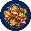 Wzór: Przypinka 11 Listopada Złote Liście Dębu – napis 11 LISTOPADA i pole napis dolny na biało-czerwonej grafice
