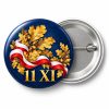 Przypinka 11 XI Złote Liście Dębu: przypinka na 11 Listopada z napisem 11 XI – przód i aluminiowy tył z agrafką
