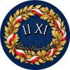 Wzór: Przypinka 11 XI Złoty Wieniec – napis 11 XI i pole napis dolny na biało-czerwonej grafice