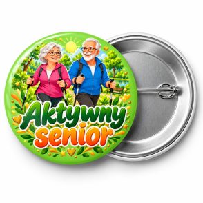 Przypinka Aktywny Senior: kolorowa przypinka na Dzień Seniora z napisem Aktywny senior – przód i aluminiowy tył z agrafką