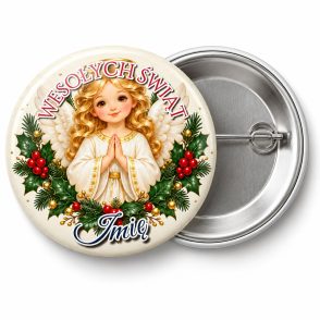 Przypinka Anioł Stróż Świąteczny: przypinka na Boże Narodzenie z napisem WESOŁYCH ŚWIĄT oraz polem imię (np. Imię) – przód i aluminiowy tył z agrafką