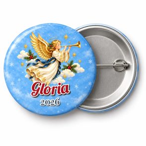 Przypinka Anioł z Trąbką: przypinka na Boże Narodzenie z napisem Gloria oraz polem rok (np. 2026) – przód i aluminiowy tył z agrafką