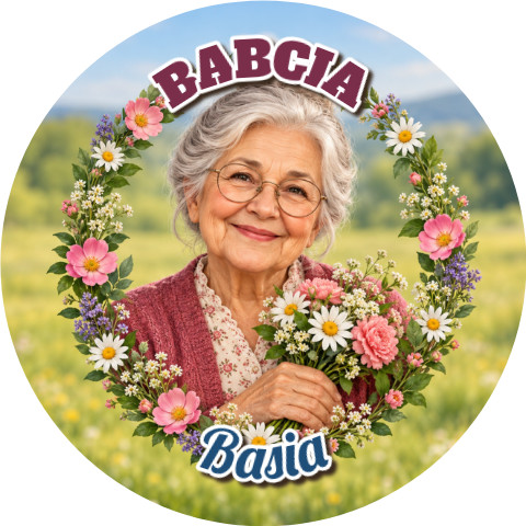 Wzór: Przypinka Babcia z Imieniem – napis BABCIA i pole imię na pastelowym tle
