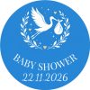 Wzór: Przypinka Baby Shower Bocian Niebieski – napis BABY SHOWER i pole data na pastelowym tle