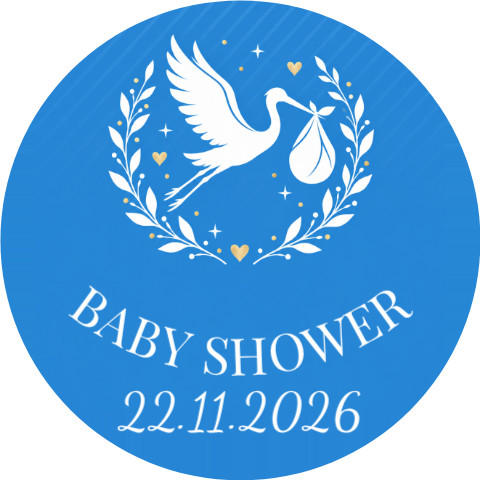 Wzór: Przypinka Baby Shower Bocian Niebieski – napis BABY SHOWER i pole data na pastelowym tle