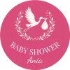 Wzór: Przypinka Baby Shower Bocian Różowy – napis BABY SHOWER i pole imię mamy na pastelowym tle