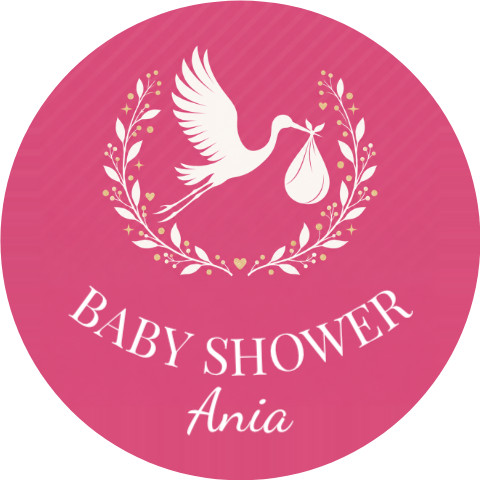 Wzór: Przypinka Baby Shower Bocian Różowy – napis BABY SHOWER i pole imię mamy na pastelowym tle