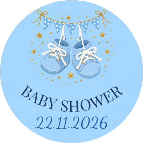 Wzór: Przypinka Baby Shower Niebieskie Buciki – napis BABY SHOWER i pole data na pastelowym tle