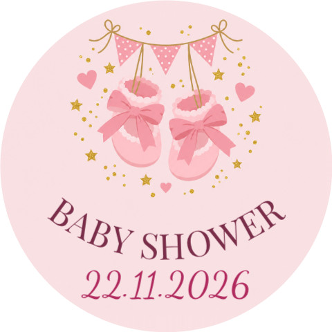 Wzór: Przypinka Baby Shower Różowe Buciki – napis BABY SHOWER i pole data na pastelowym tle