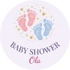 Wzór: Przypinka Baby Shower Stópki – napis BABY SHOWER i pole imię mamy na pastelowym tle