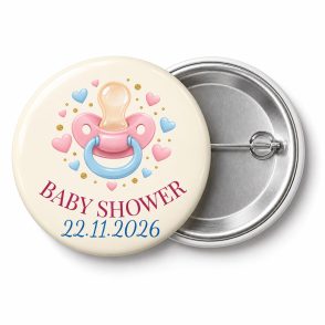 Przypinka Baby Shower ze Smoczkiem: kolorowa przypinka na baby shower z napisem BABY SHOWER oraz polem data (np. 22.11.2026) – przód i aluminiowy tył z agrafką