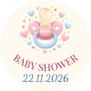 Wzór: Przypinka Baby Shower ze Smoczkiem – napis BABY SHOWER i pole data na pastelowym tle