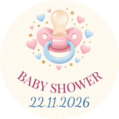 Wzór: Przypinka Baby Shower ze Smoczkiem – napis BABY SHOWER i pole data na pastelowym tle