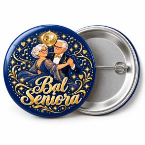 Przypinka Bal Seniora: kolorowa przypinka na Dzień Seniora z napisem Bal Seniora – przód i aluminiowy tył z agrafką