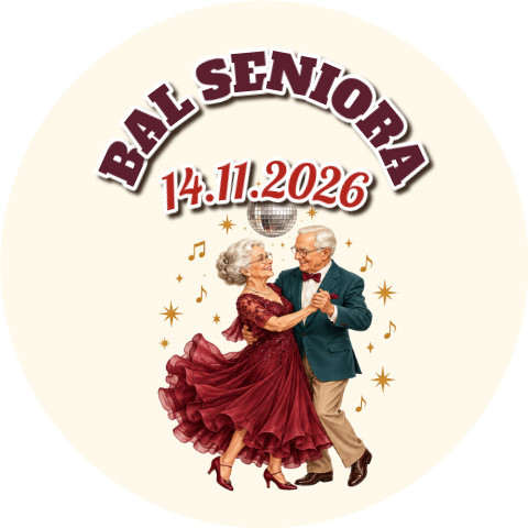 Wzór: Przypinka Bal Seniora z Datą – napis BAL SENIORA i pole data na pastelowym tle