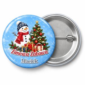 Przypinka Bałwanek i Choinka: przypinka na Boże Narodzenie z napisem Zimowa Zabawa oraz polem imię (np. Maciek) – przód i aluminiowy tył z agrafką