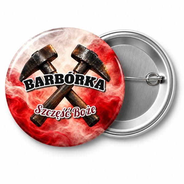Przypinka Barbórka Biało-Czerwona: przypinka na Barbórkę z napisem BARBÓRKA oraz polem pozdrowienie (np. Szczęść Boże) – przód i aluminiowy tył z agrafką