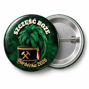 Przypinka Barbórka Czako z Pióropuszem: przypinka na Barbórkę z napisem SZCZĘŚĆ BOŻE oraz polem napis dolny (np. Barbórka 2026) – przód i aluminiowy tył z agrafką