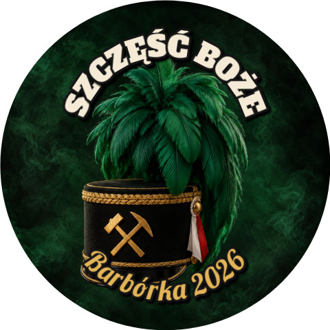 Wzór: Przypinka Barbórka Czako z Pióropuszem – napis SZCZĘŚĆ BOŻE i pole napis dolny na grafice w górniczym stylu