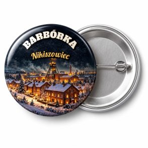Przypinka Barbórka Familoki: przypinka na Barbórkę z napisem BARBÓRKA oraz polem miejscowość (np. Nikiszowiec) – przód i aluminiowy tył z agrafką