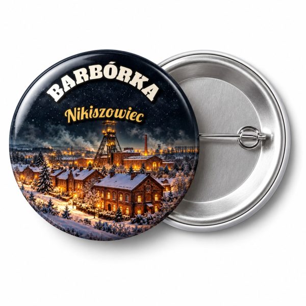Przypinka Barbórka Familoki: przypinka na Barbórkę z napisem BARBÓRKA oraz polem miejscowość (np. Nikiszowiec) – przód i aluminiowy tył z agrafką
