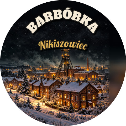 Wzór: Przypinka Barbórka Familoki – napis BARBÓRKA i pole miejscowość na grafice w górniczym stylu