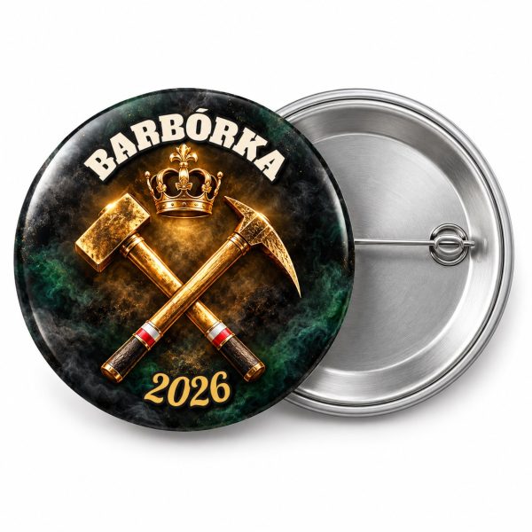 Przypinka Barbórka Godło Górnicze: przypinka na Barbórkę z napisem BARBÓRKA oraz polem rok (np. 2026) – przód i aluminiowy tył z agrafką