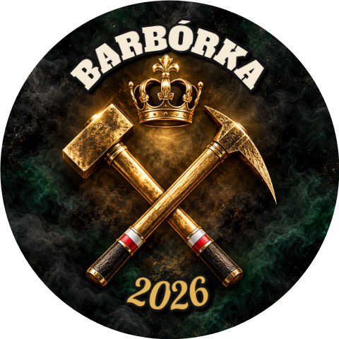 Wzór: Przypinka Barbórka Godło Górnicze – napis BARBÓRKA i pole rok na grafice w górniczym stylu